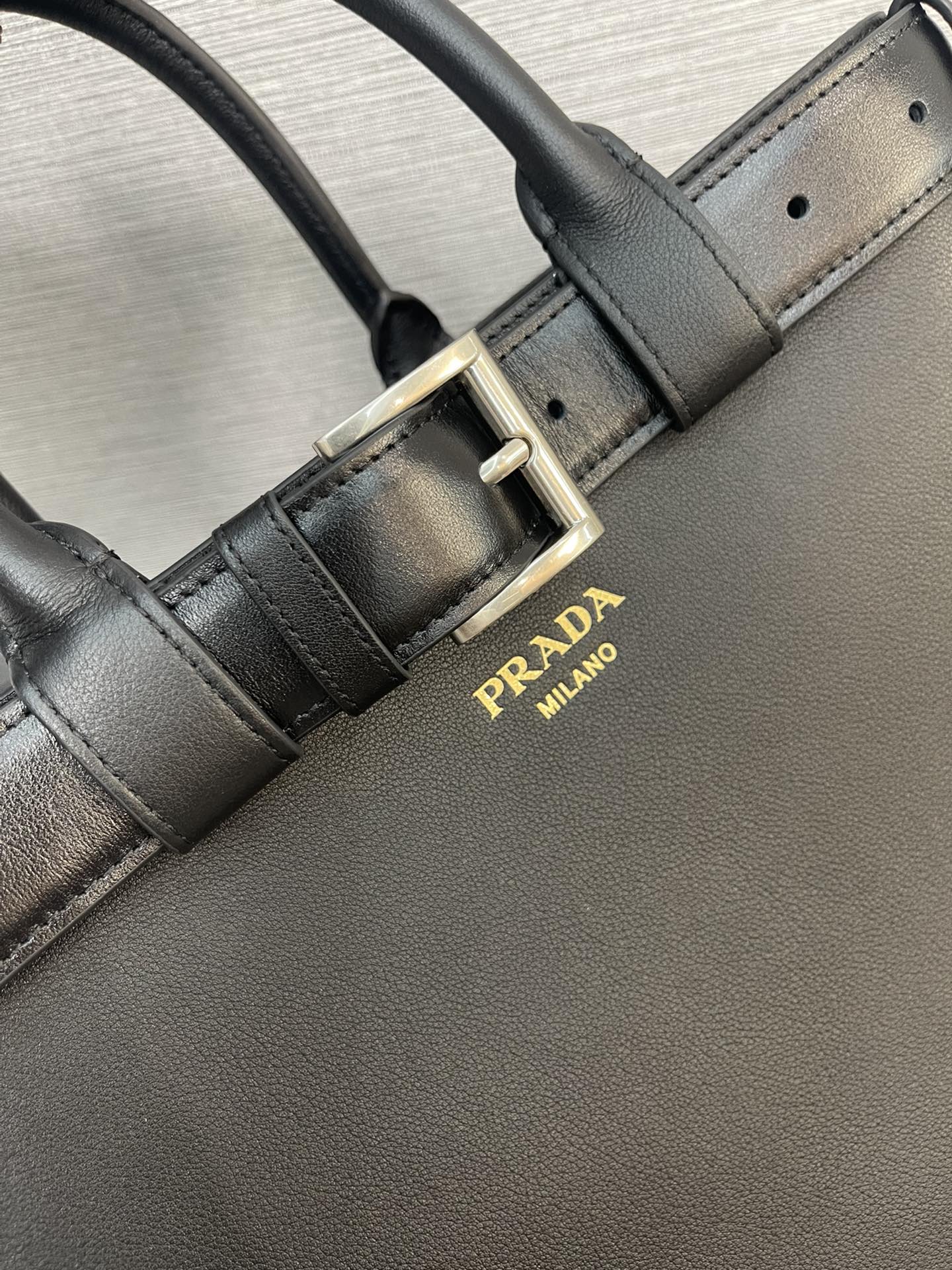 Prada Large Buckle Leather Handbag Shoulder Bag With Belt Black 1BA416